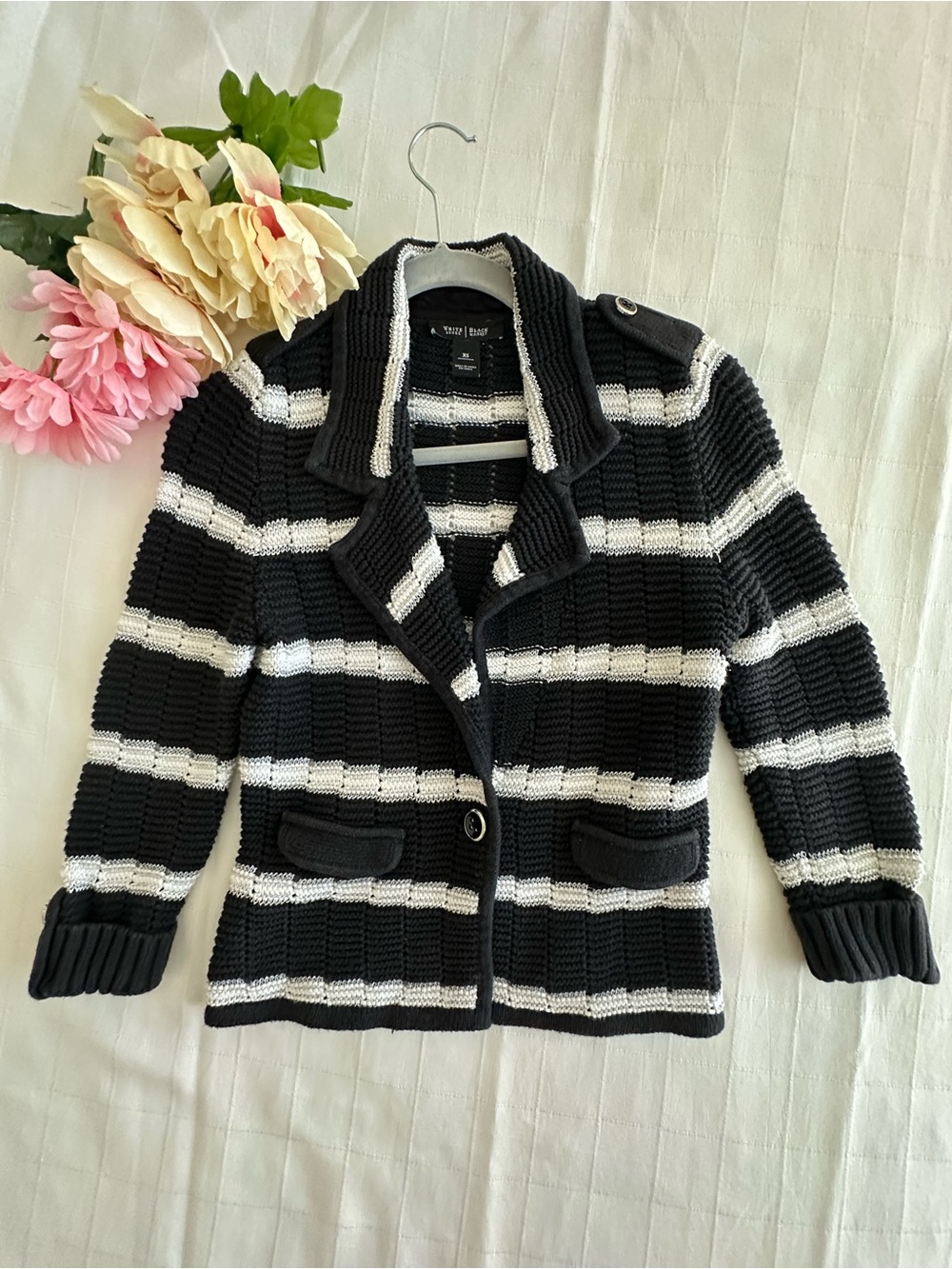 White House Black Market Black & White Striped Knit Blazer Cardigan